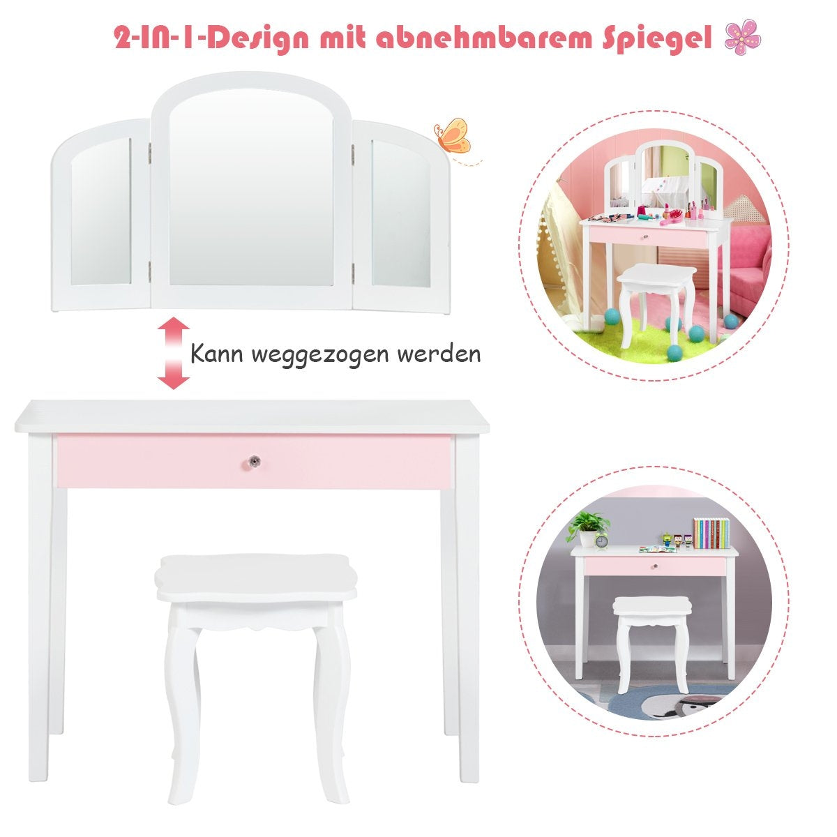 Dressing table set children's 2 in 1 with triple folding mirror and drawer white
