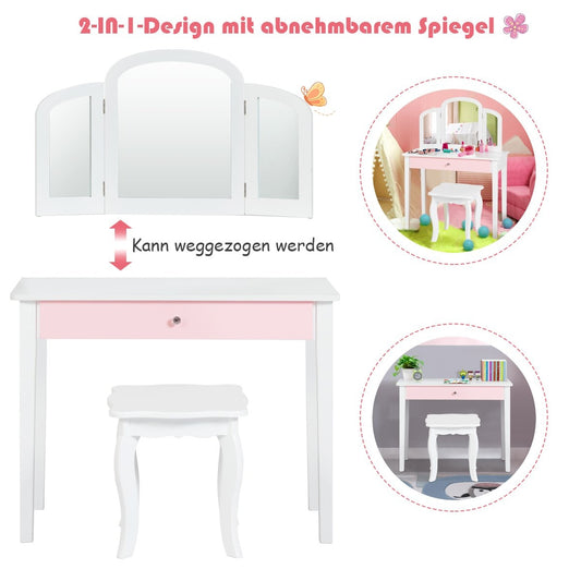 Dressing table set children's 2 in 1 with triple folding mirror and drawer white