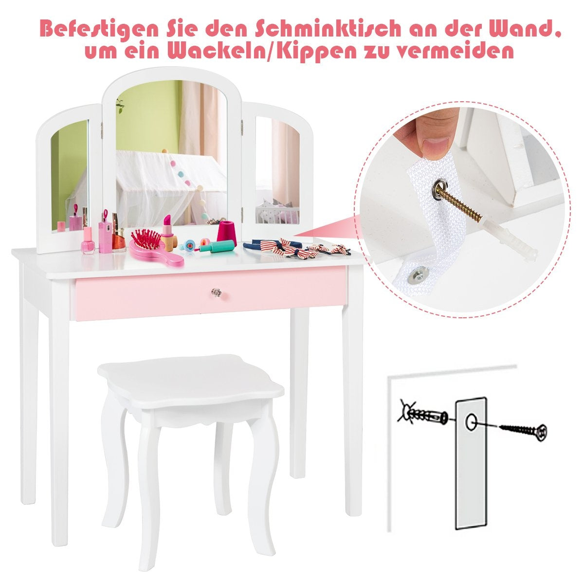 Dressing table set children's 2 in 1 with triple folding mirror and drawer white