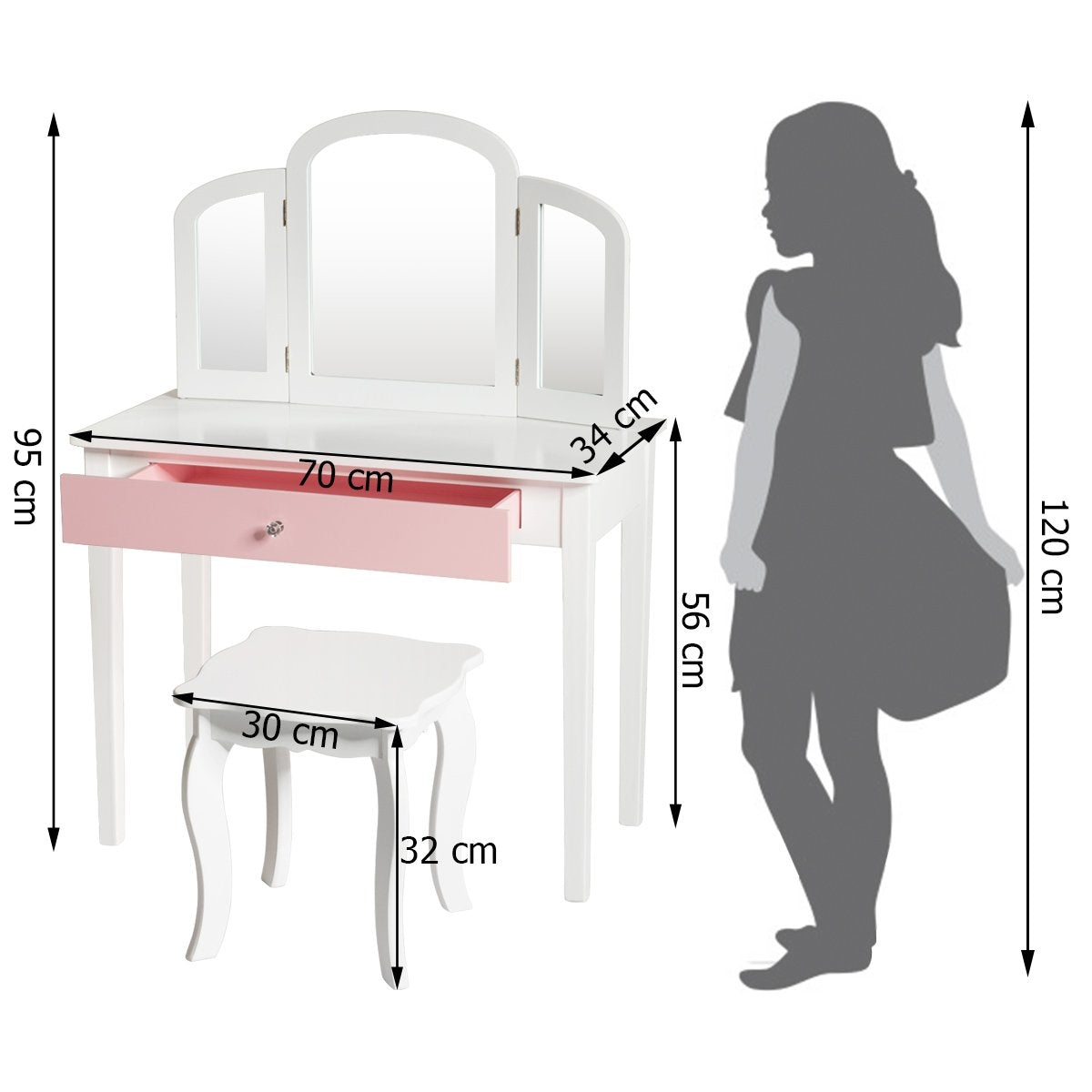 Dressing table set children's 2 in 1 with triple folding mirror and drawer white