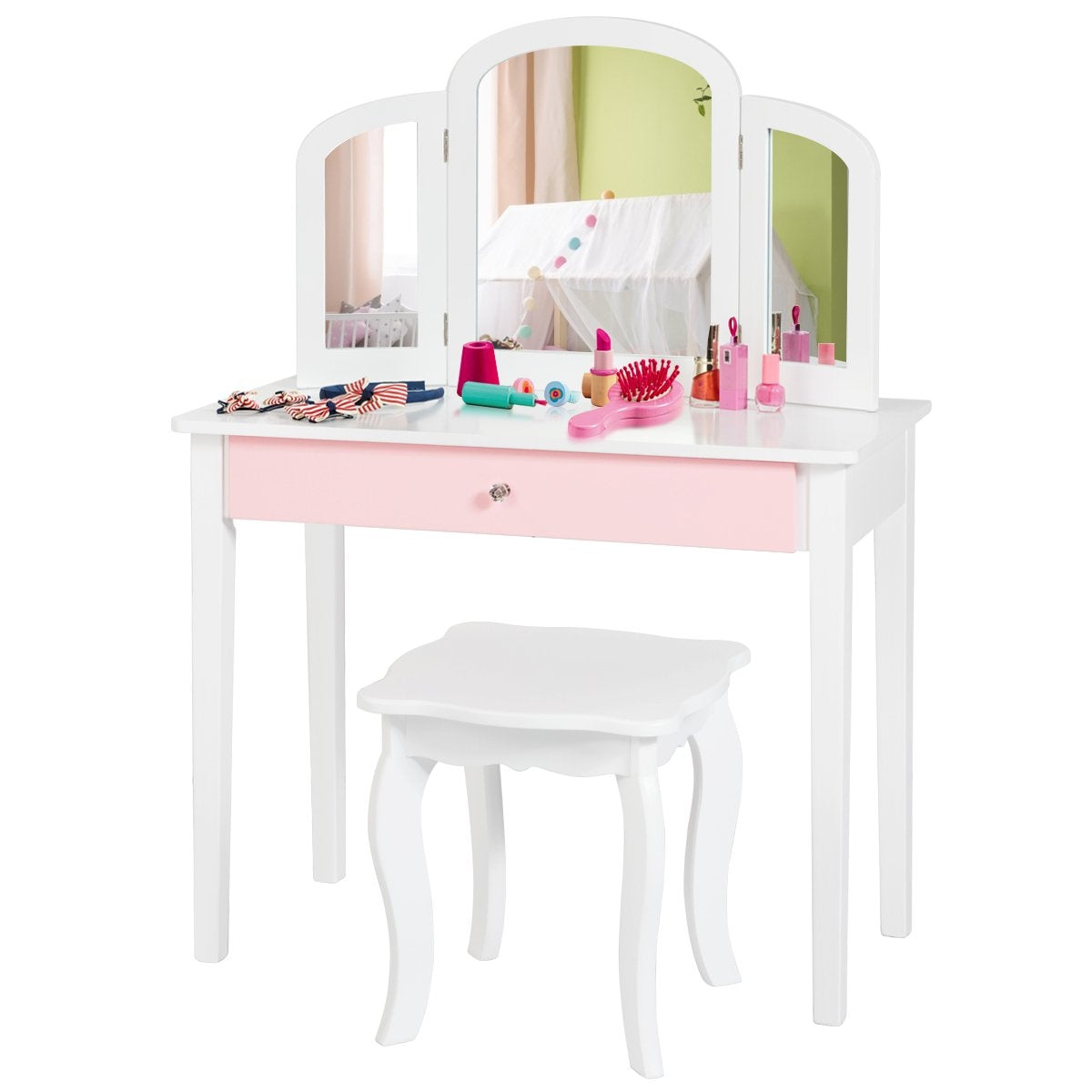 Dressing table set children's 2 in 1 with triple folding mirror and drawer white