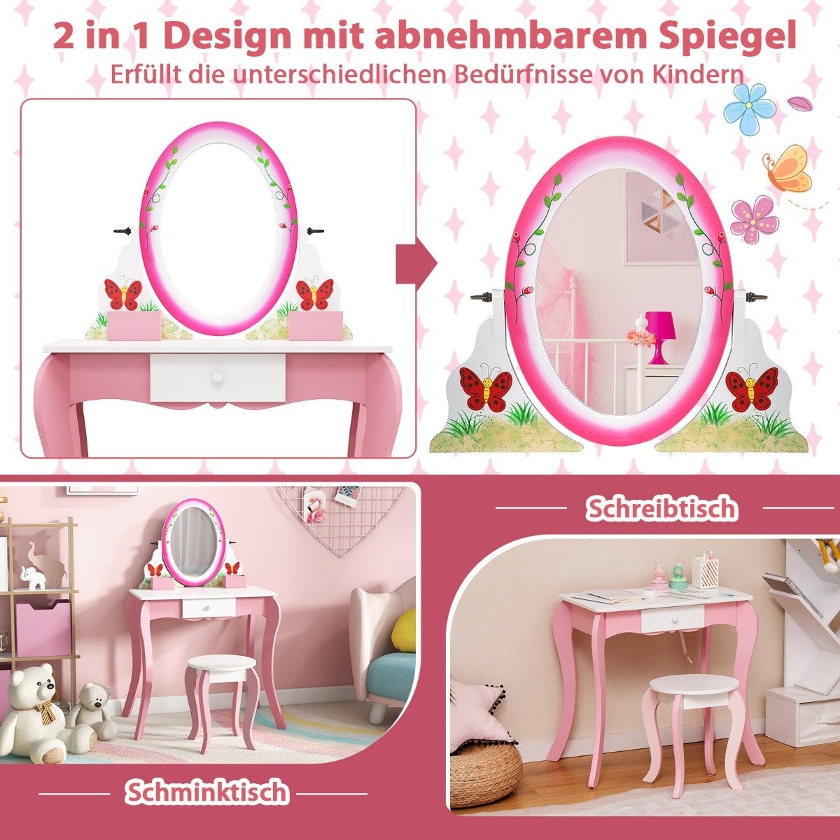 Dressing table set with stool for children Dressing table for girls White and pink