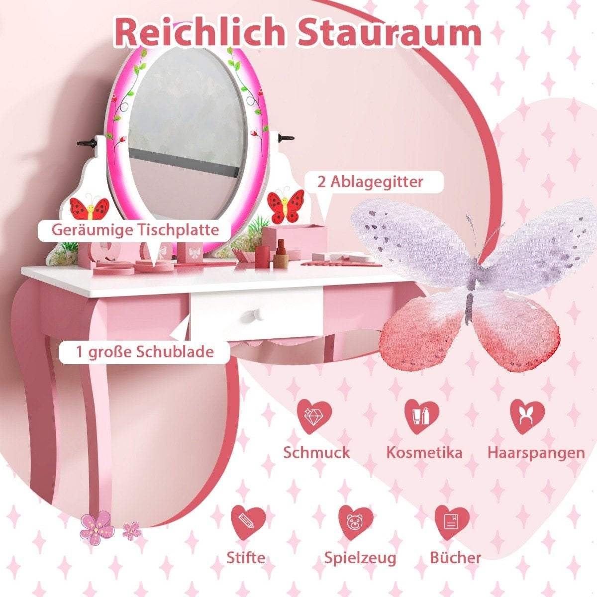Dressing table set with stool for children Dressing table for girls White and pink