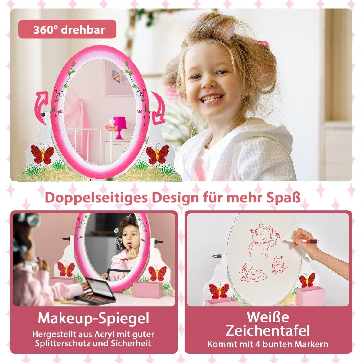 Dressing table set with stool for children Dressing table for girls White and pink