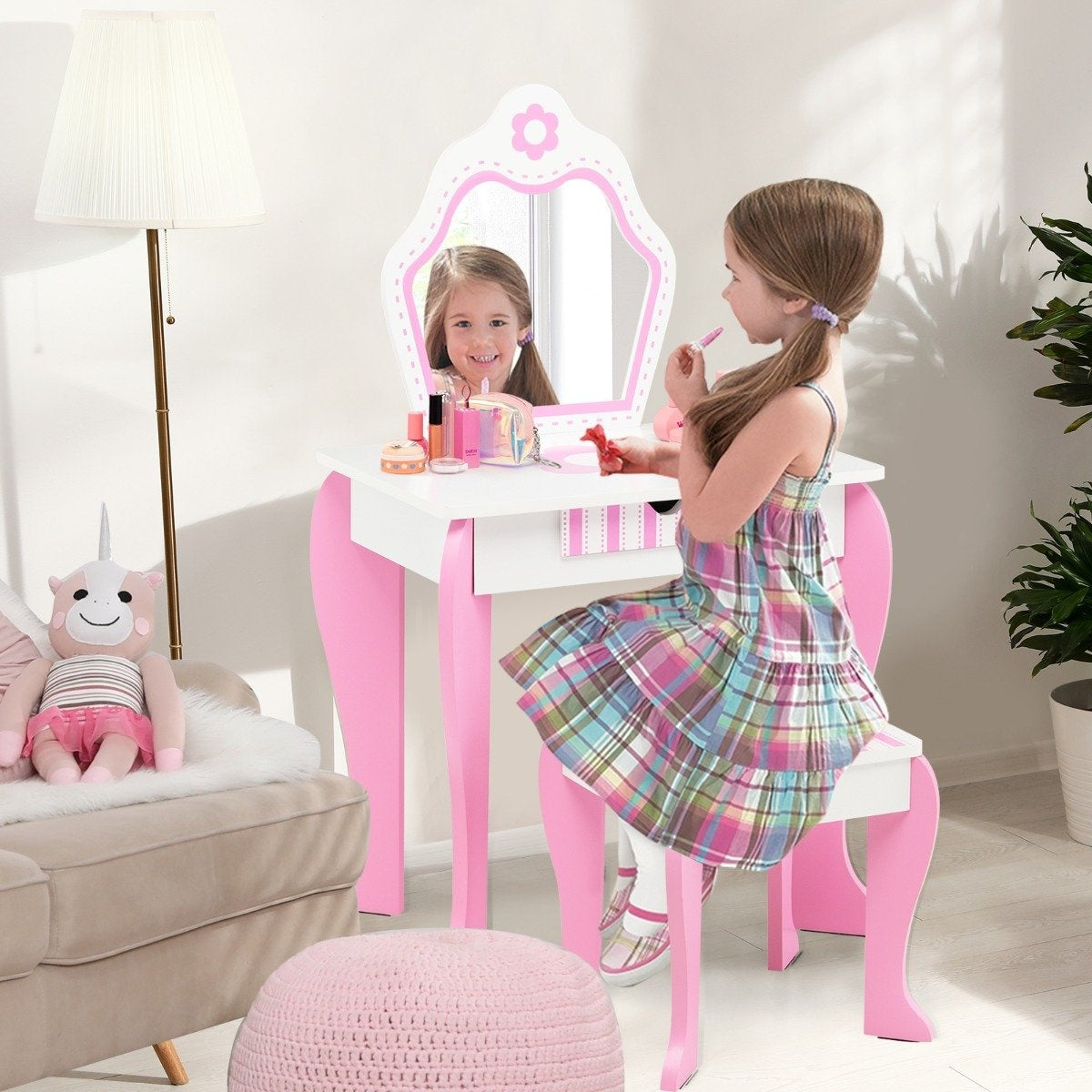 Dressing table & stool set for children with mirror and drawer 49 x 34 x 86.5 cm pink