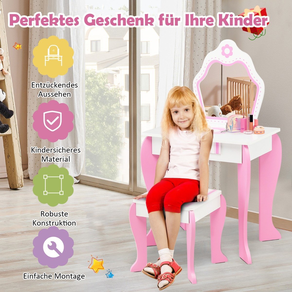 Dressing table & stool set for children with mirror and drawer 49 x 34 x 86.5 cm pink