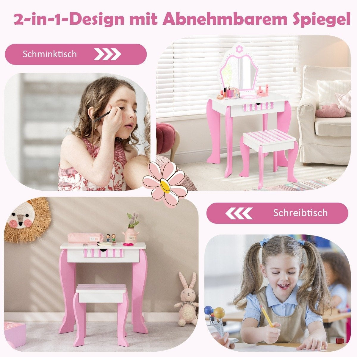 Dressing table & stool set for children with mirror and drawer 49 x 34 x 86.5 cm pink