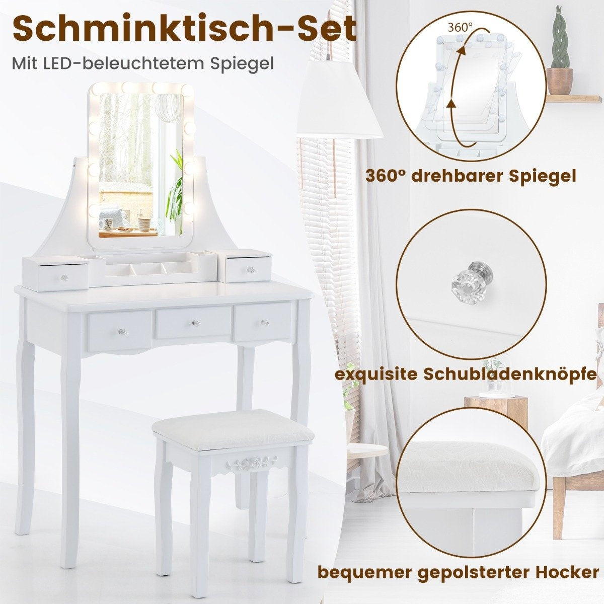 Dressing table with LED lighting & 5 drawers & stool dressing table cosmetic table white