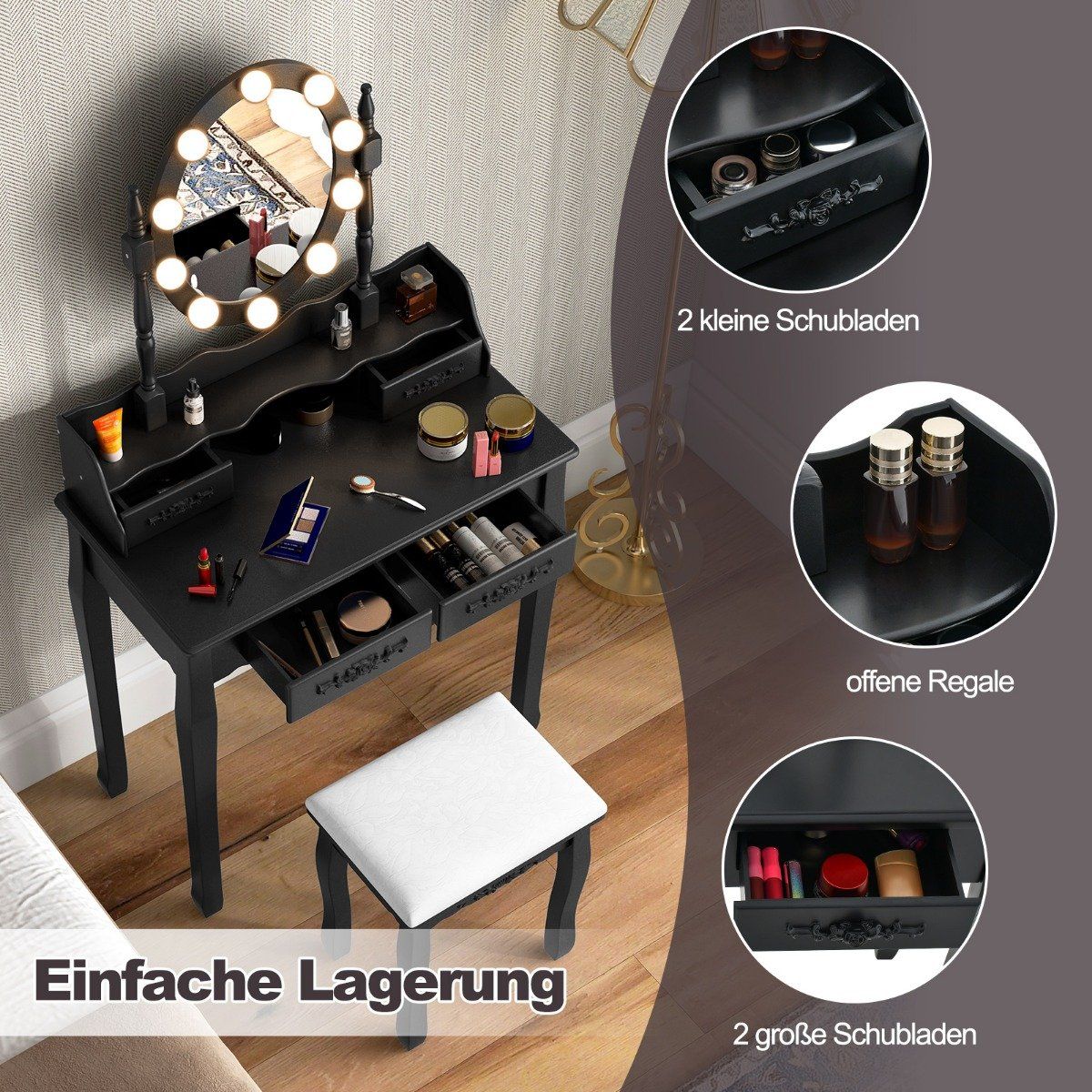 Dressing table with LED lighting adjustable brightness dressing table with 4 drawers black