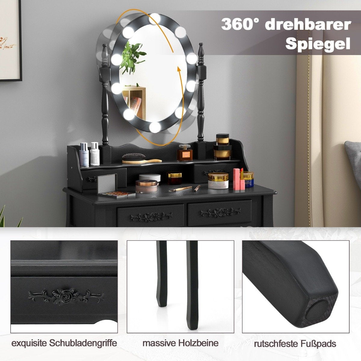 Dressing table with LED lighting adjustable brightness dressing table with 4 drawers black