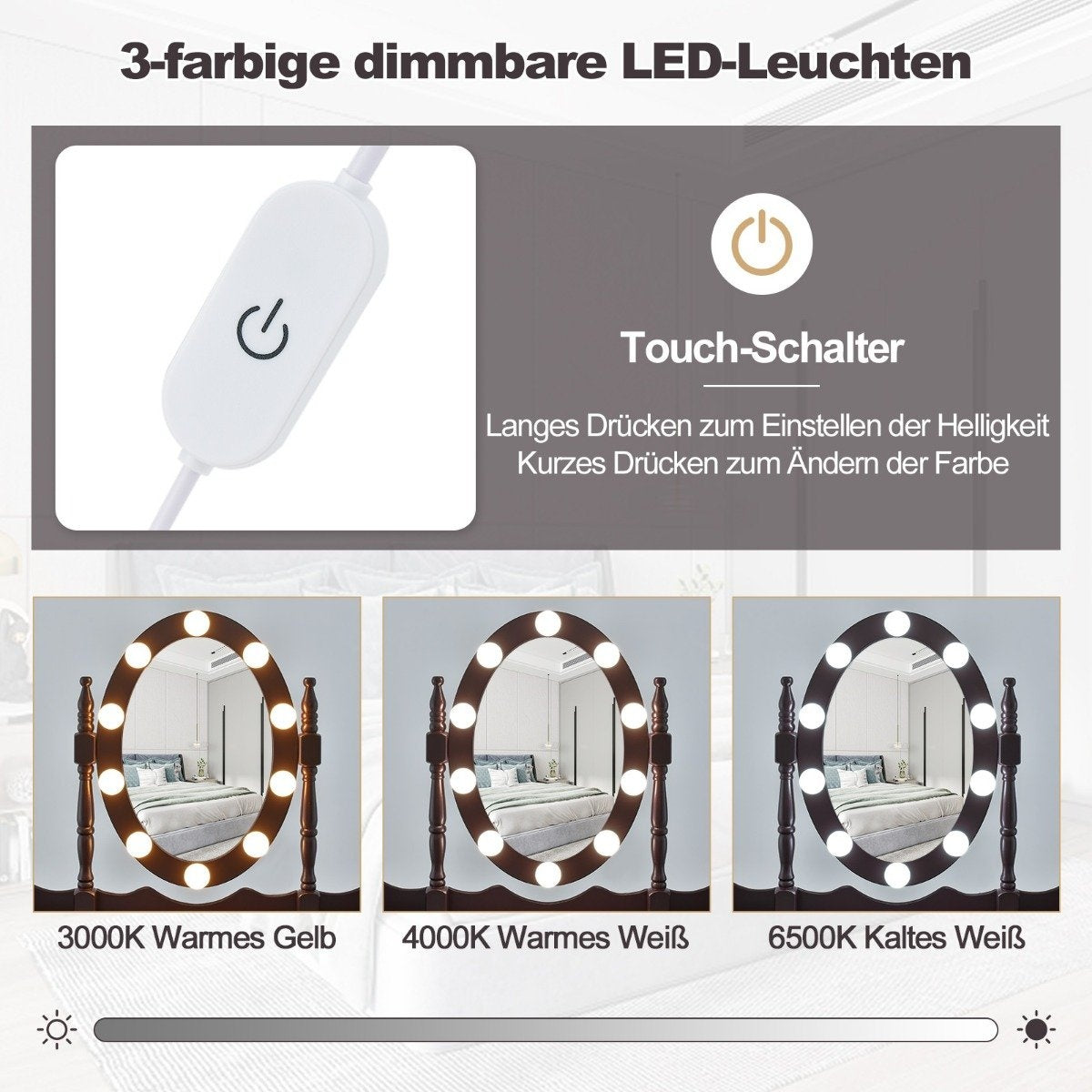 Dressing table with LED lighting adjustable brightness dressing table with 4 drawers black