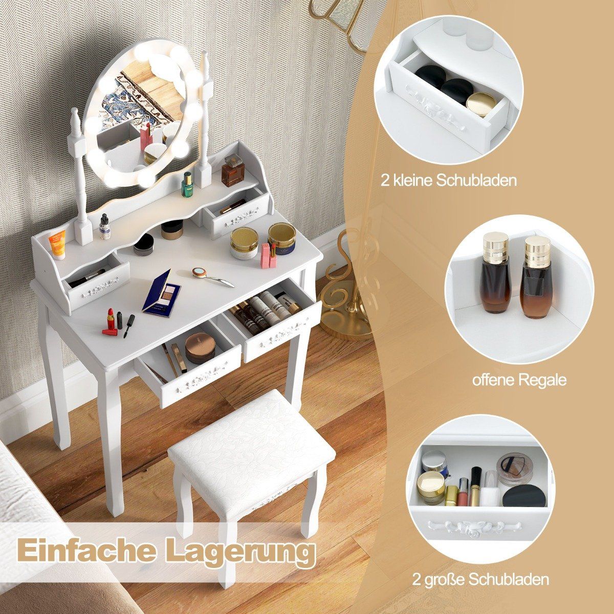 Dressing table with LED lighting adjustable brightness dressing table with 4 drawers white