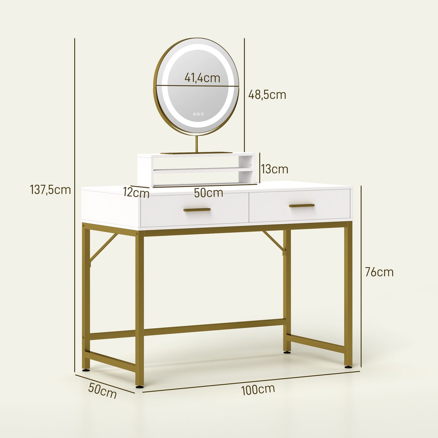 White dressing table with LED mirror & storage drawers