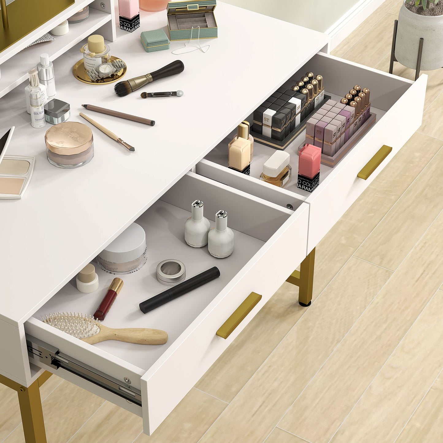 White dressing table with LED mirror & storage drawers