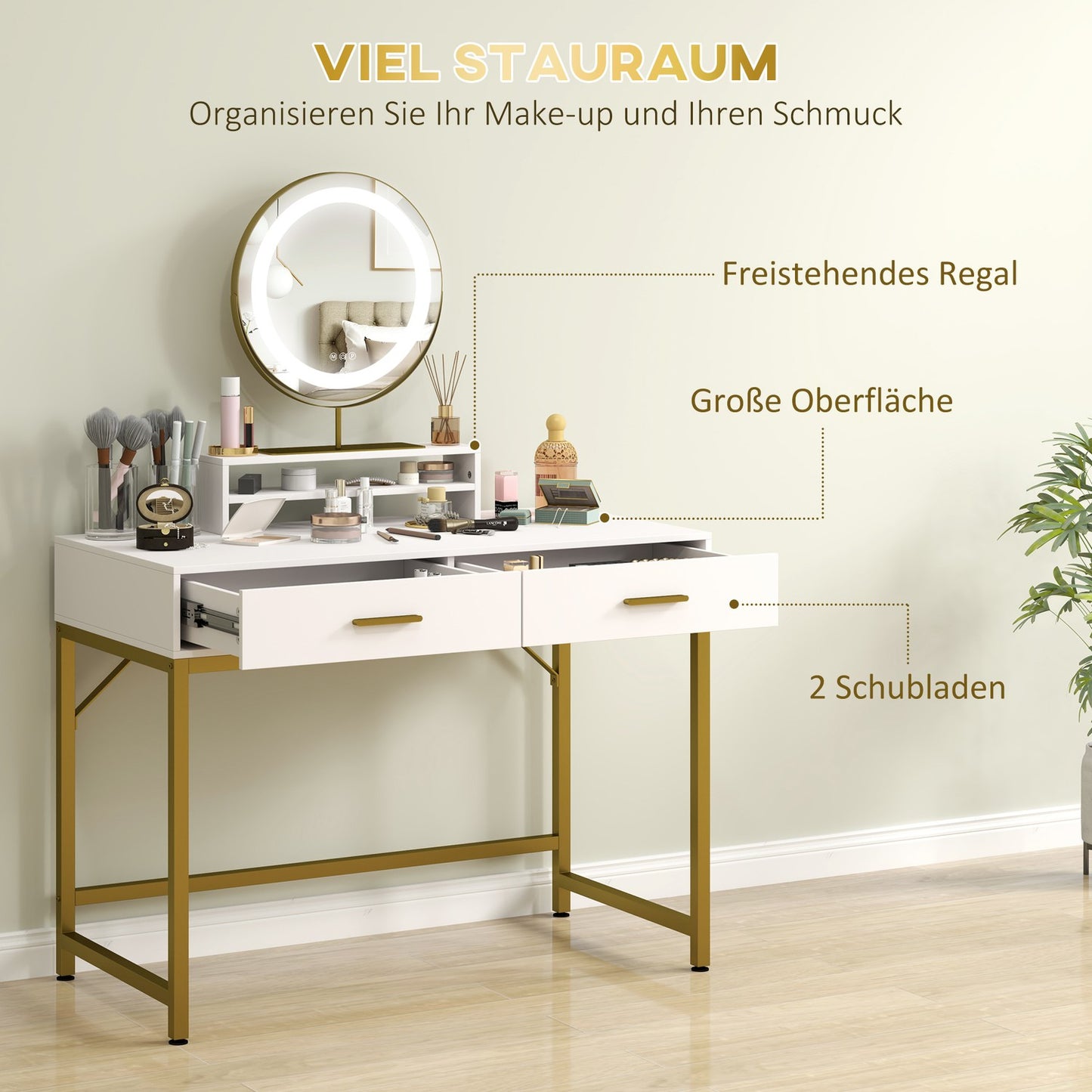 White dressing table with LED mirror & storage drawers