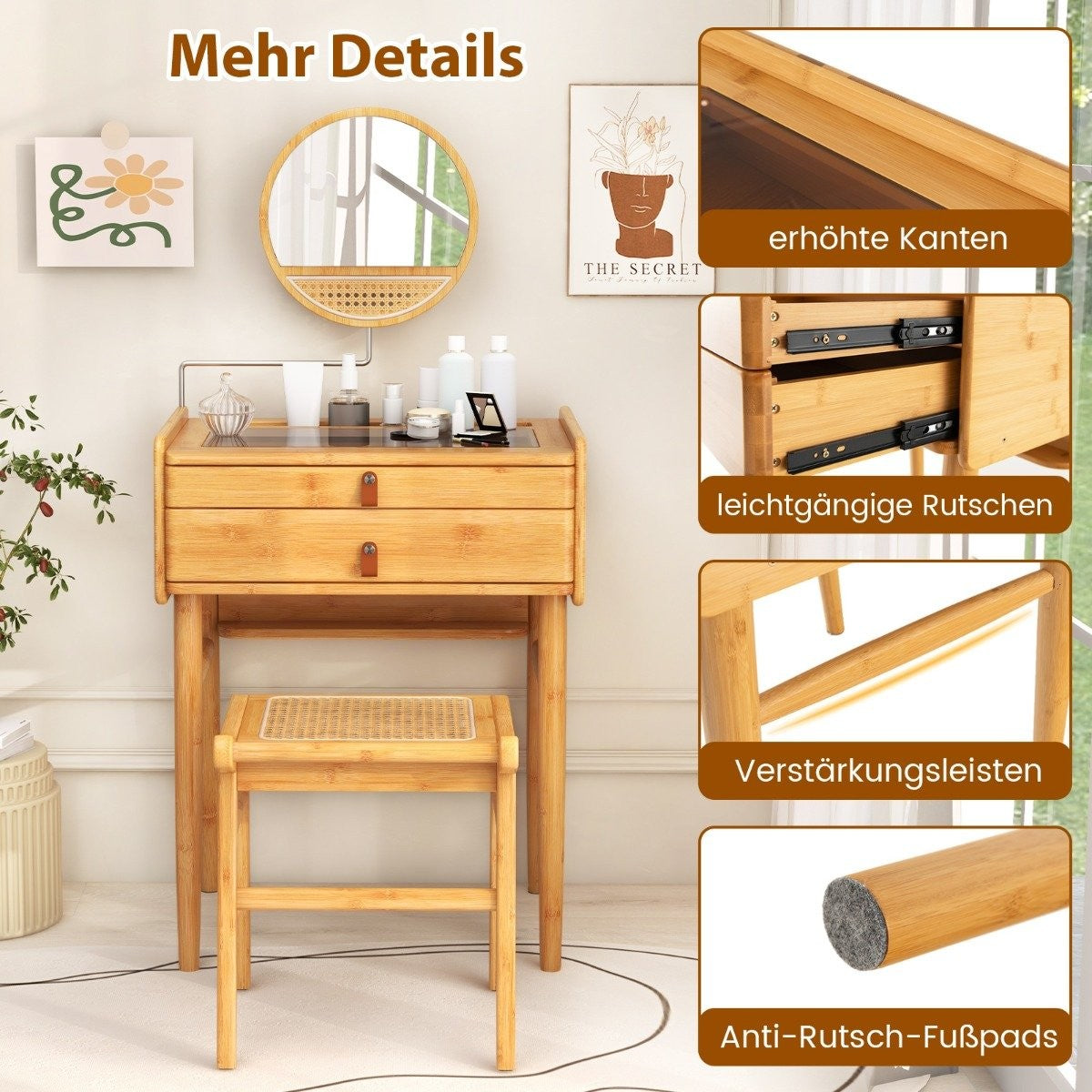 Dressing table with mirror & 2 drawers Small cosmetic table with tempered glass table top & storage space