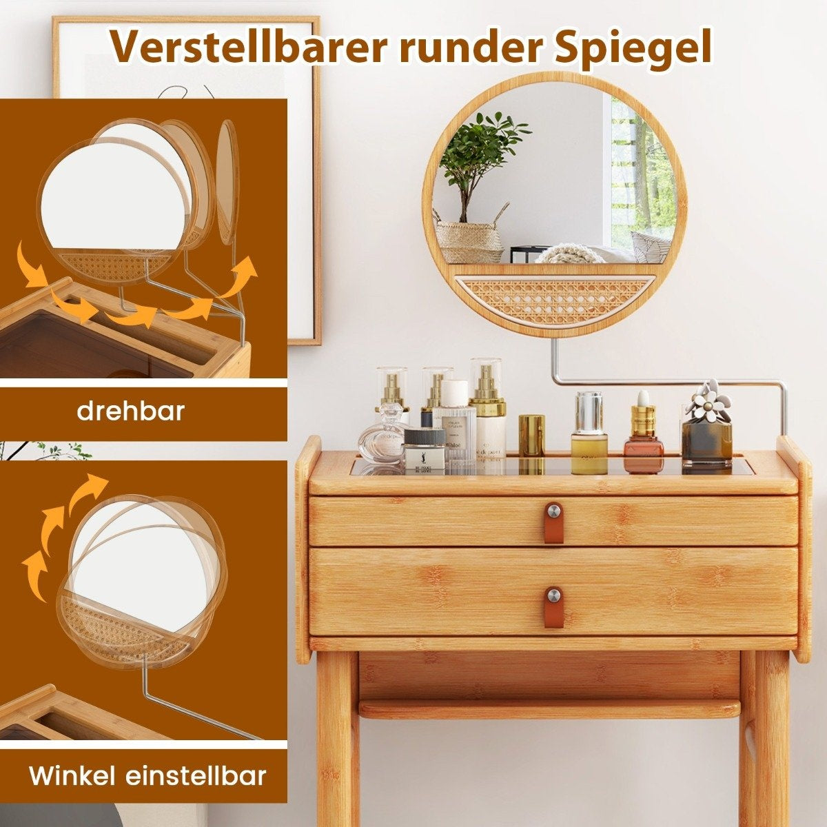 Dressing table with mirror & 2 drawers Small cosmetic table with tempered glass table top & storage space