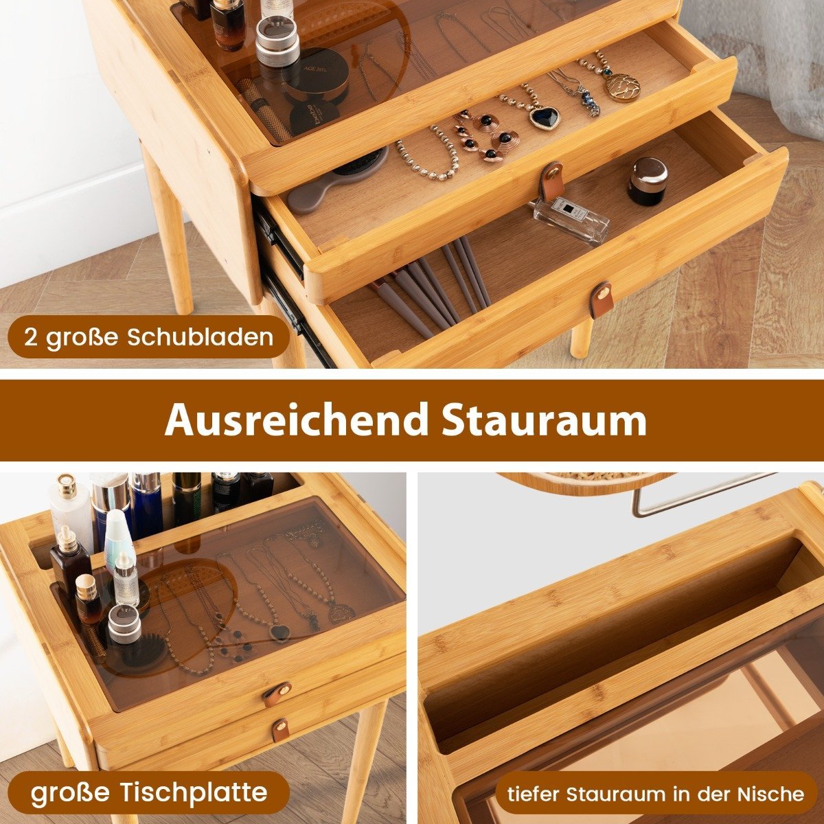 Dressing table with mirror & 2 drawers Small cosmetic table with tempered glass table top & storage space