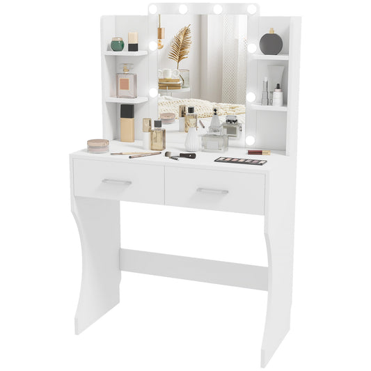 Dressing table with mirror and dimmable LED lights, drawers, shelves, white