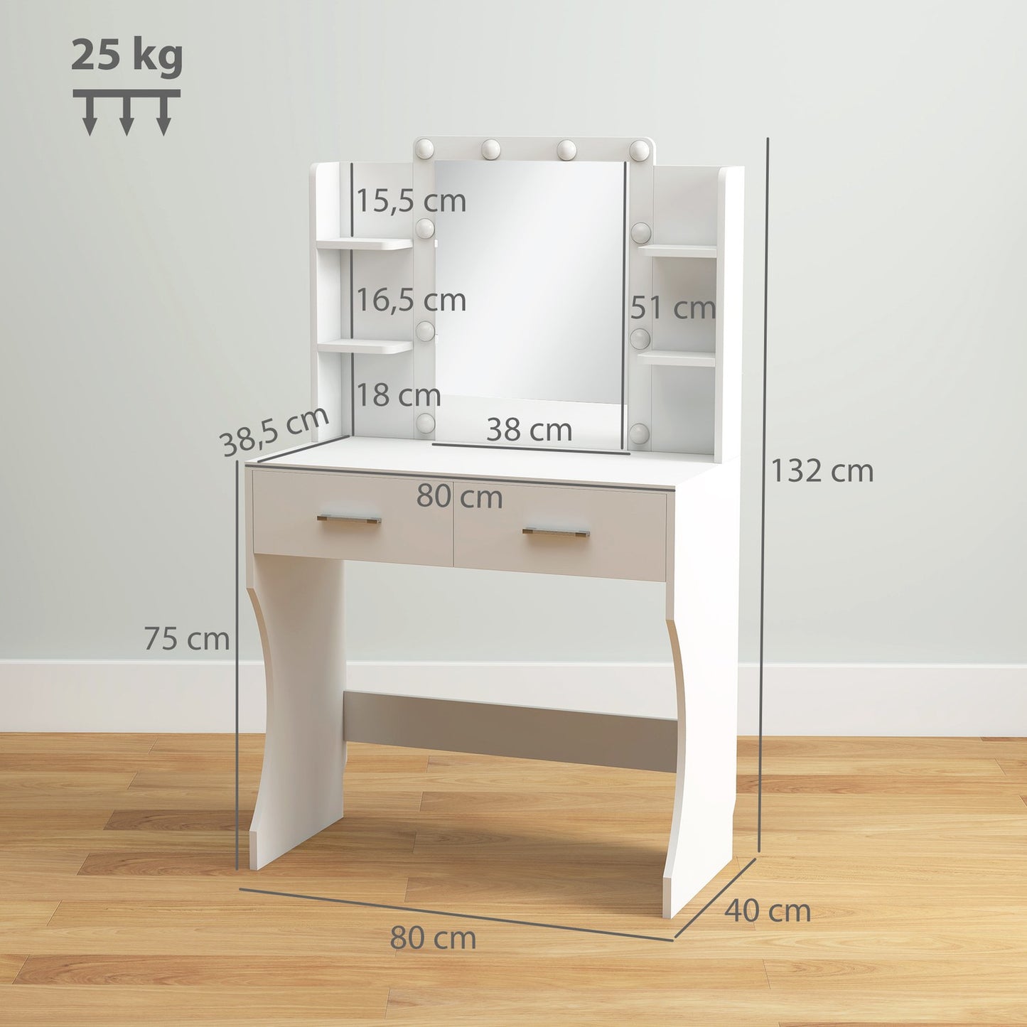 Dressing table with mirror and dimmable LED lights, drawers, shelves, white