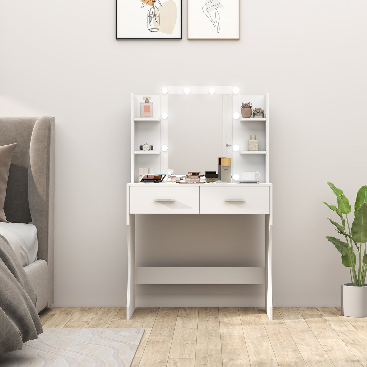 Dressing table with mirror and dimmable LED lights, drawers, shelves, white