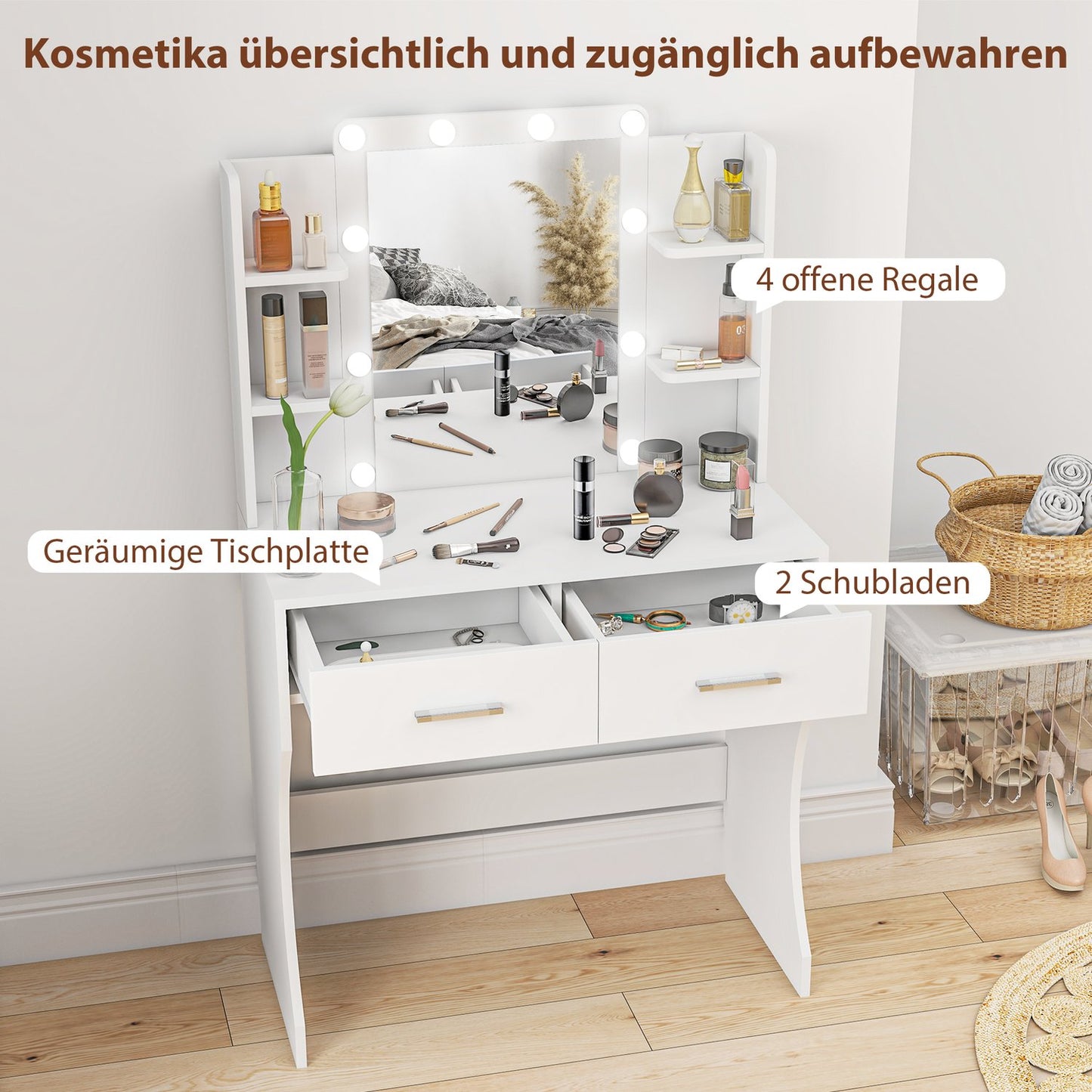 Dressing table with mirror and dimmable LED lights, drawers, shelves, white