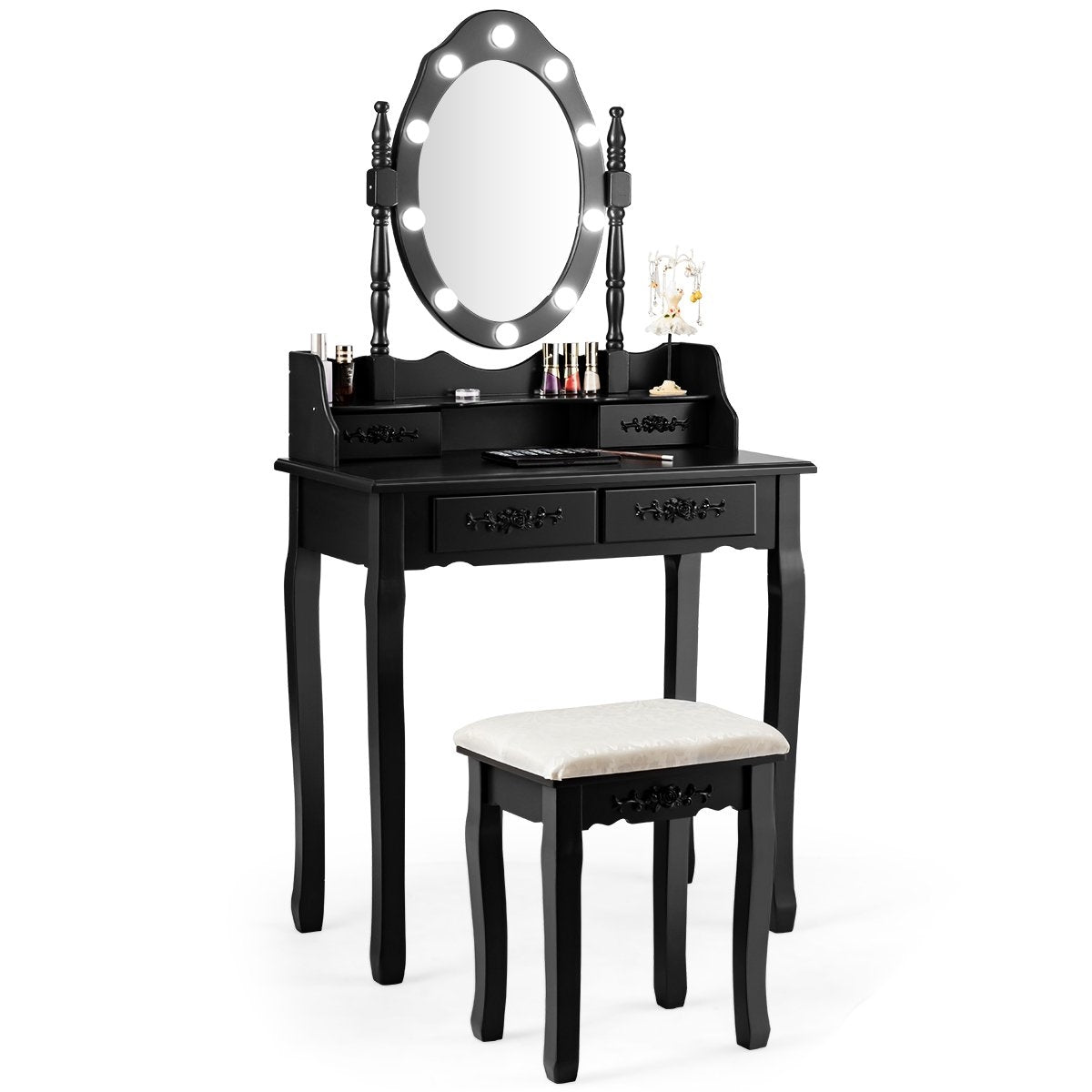 Dressing table with stool, mirror & 10 dimmable LED bulbs, 75 x 40 x 146 cm, black