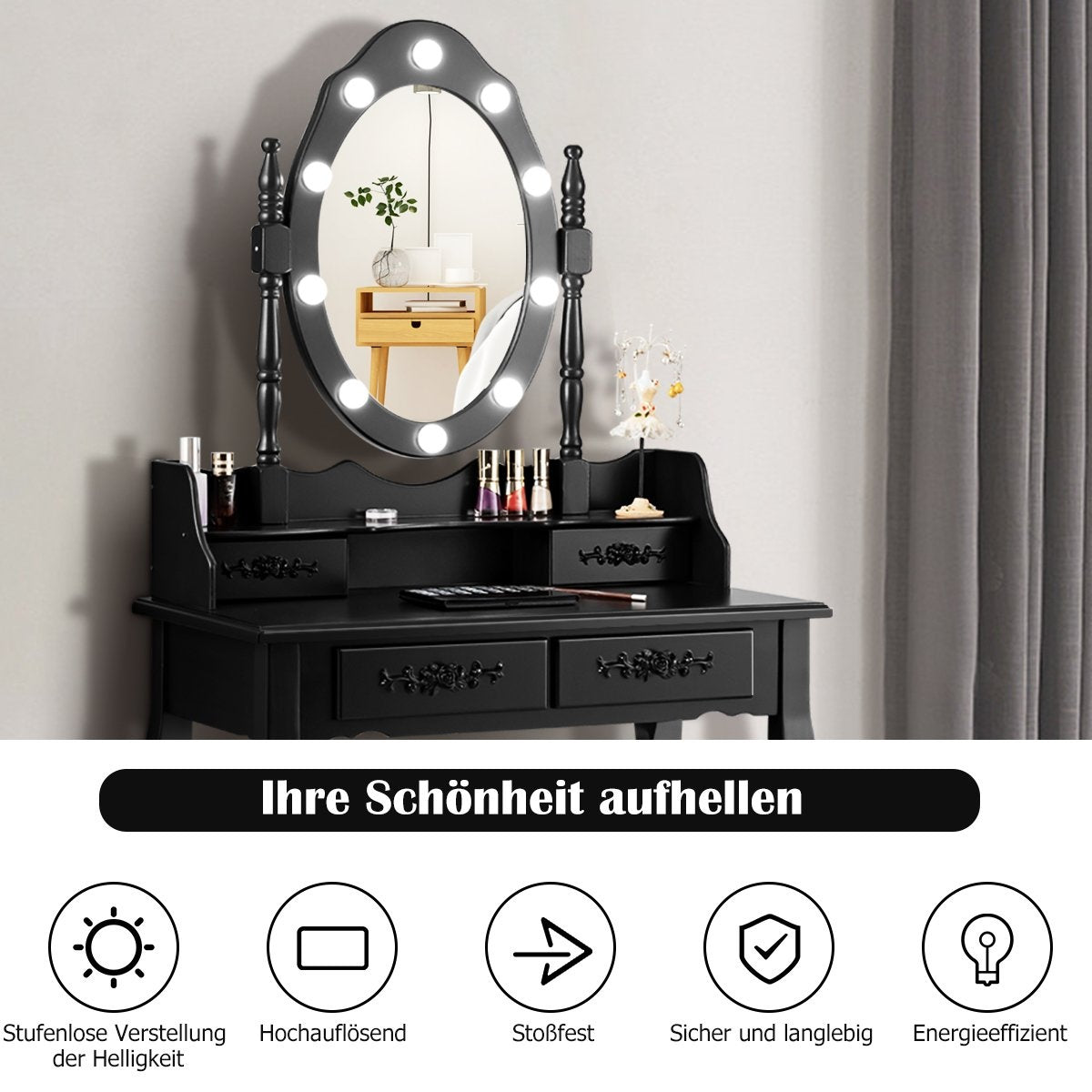 Dressing table with stool, mirror & 10 dimmable LED bulbs, 75 x 40 x 146 cm, black