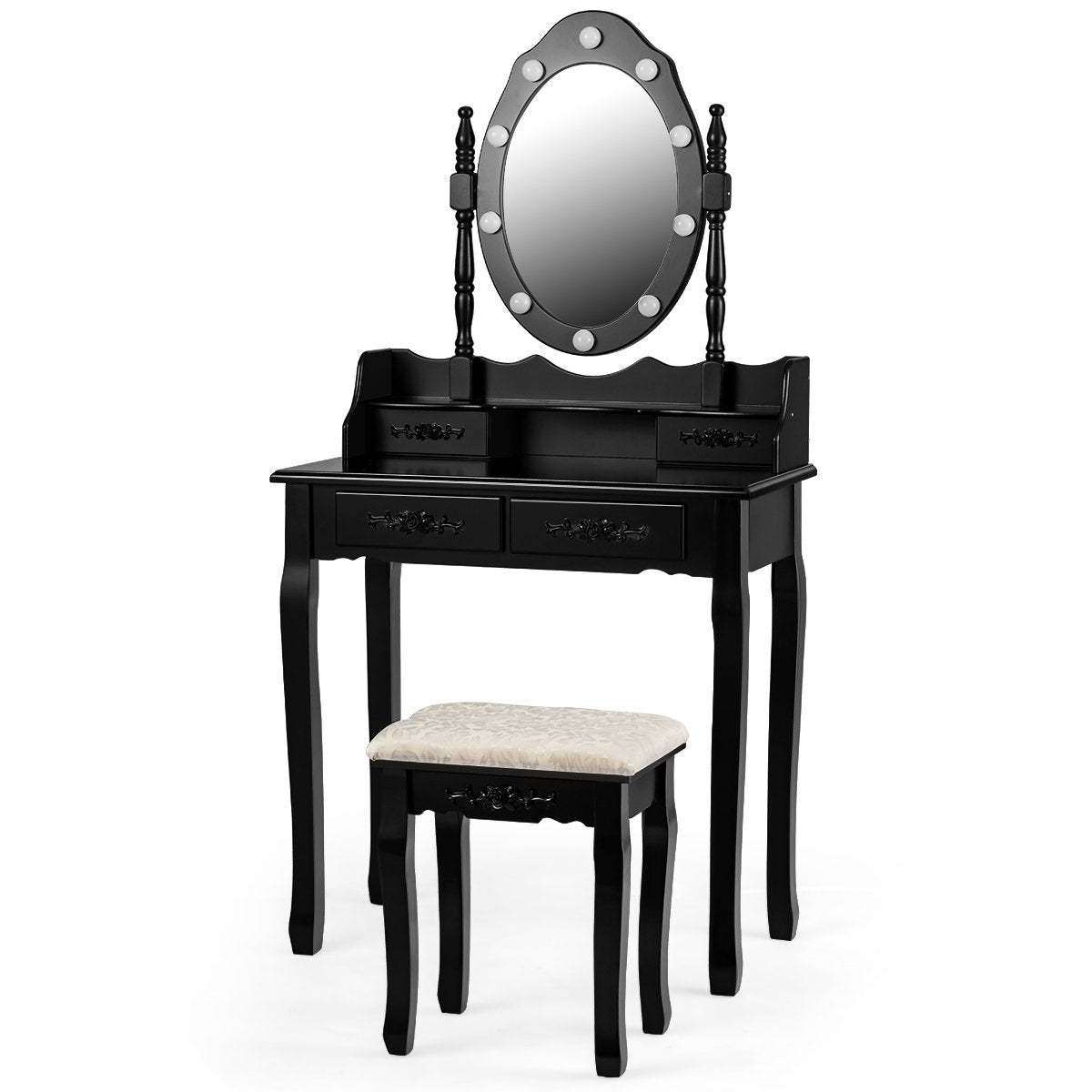 Dressing table with stool, mirror & 10 dimmable LED bulbs, 75 x 40 x 146 cm, black