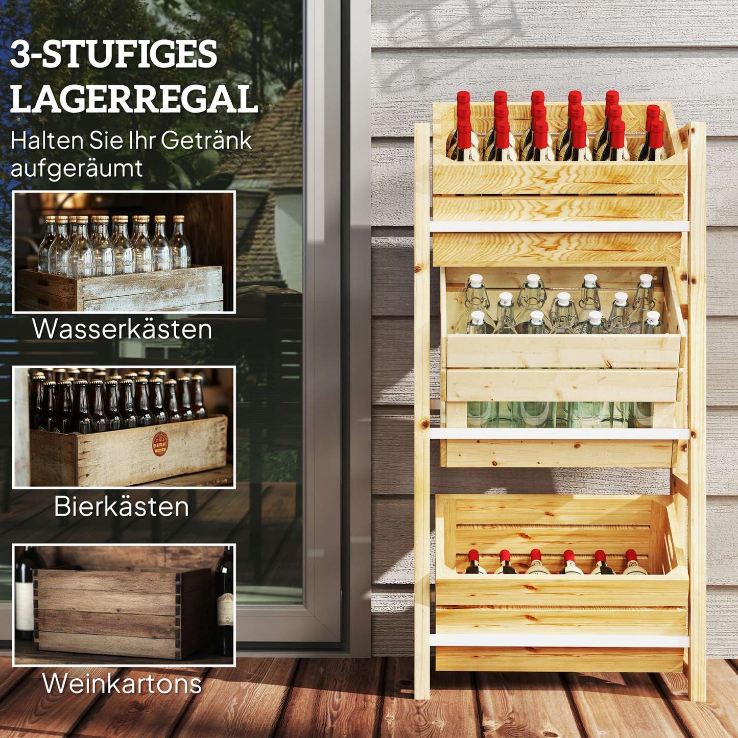 Independent wooden box, holds 3, 150 kg capacity