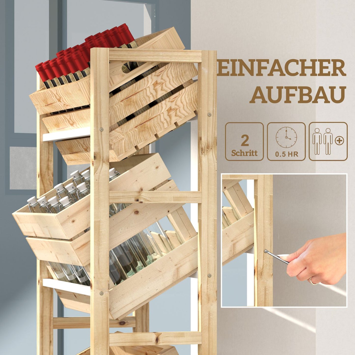 Independent wooden box, holds 3, 150 kg capacity