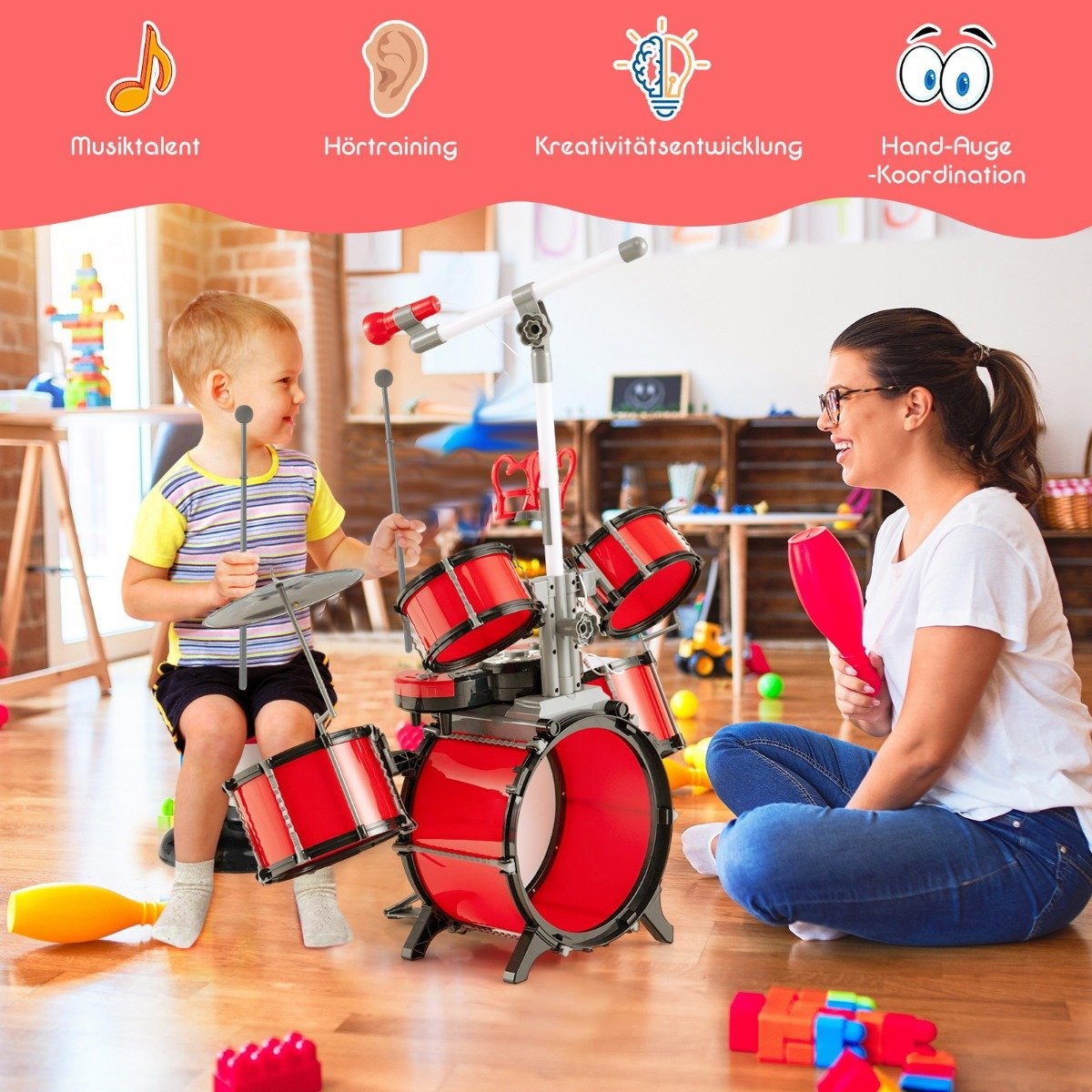 Drum set for children with keyboard, stool, microphone, music stand, red