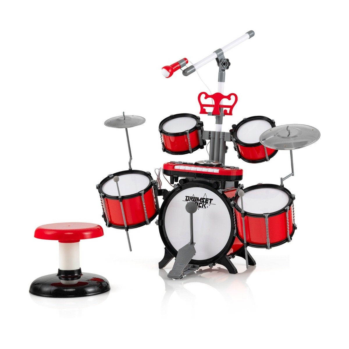 Drum set for children with keyboard, stool, microphone, music stand, red