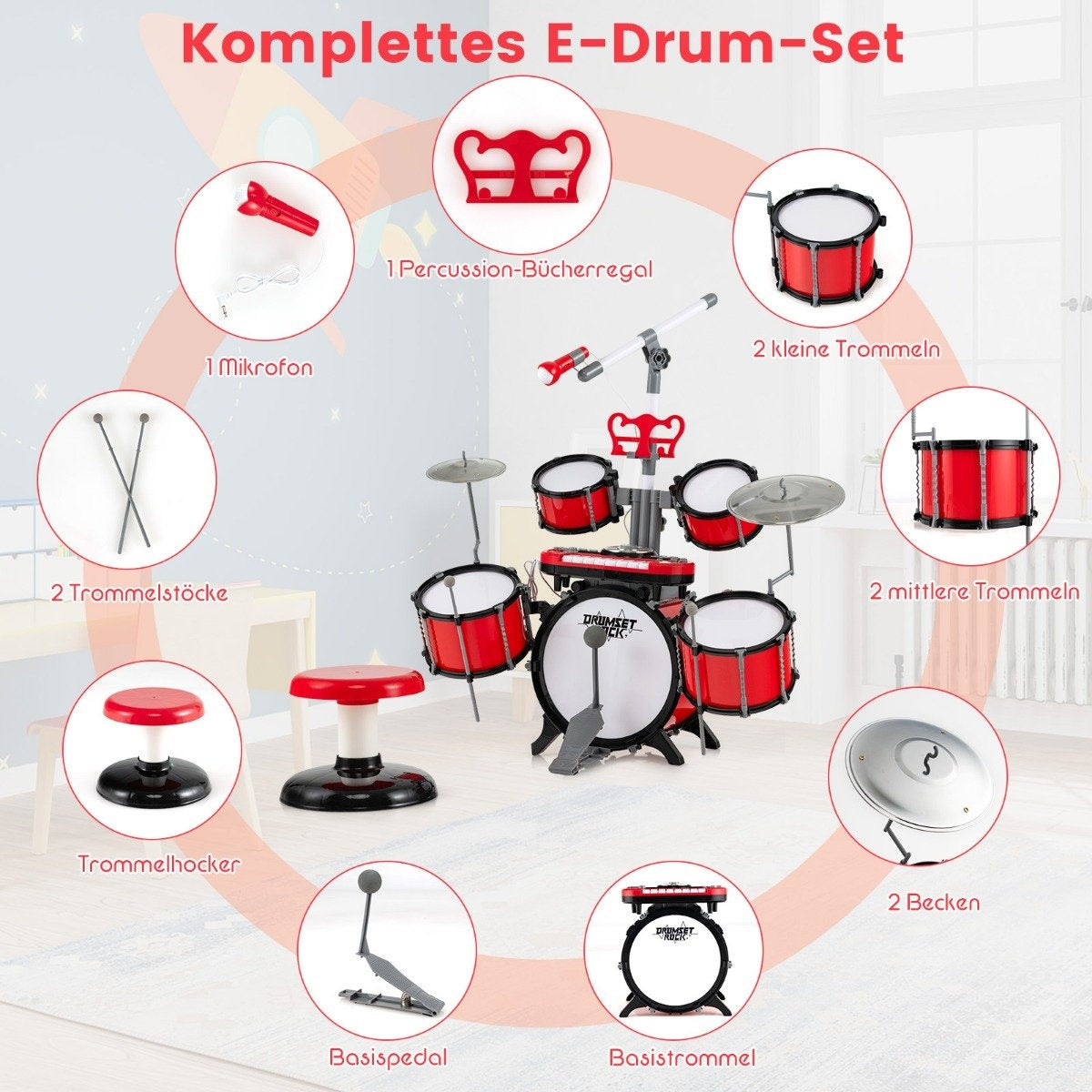 Drum set for children with keyboard, stool, microphone, music stand, red