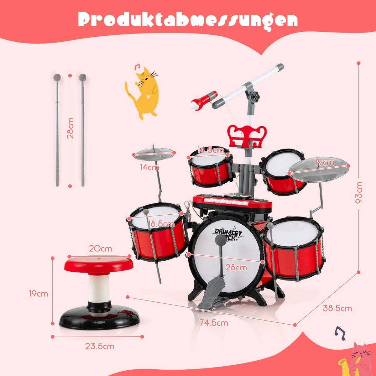 Drum set for children with keyboard, stool, microphone, music stand, red