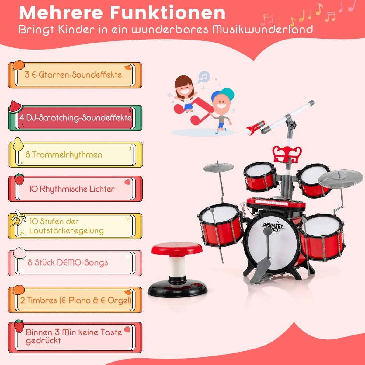Drum set for children with keyboard, stool, microphone, music stand, red