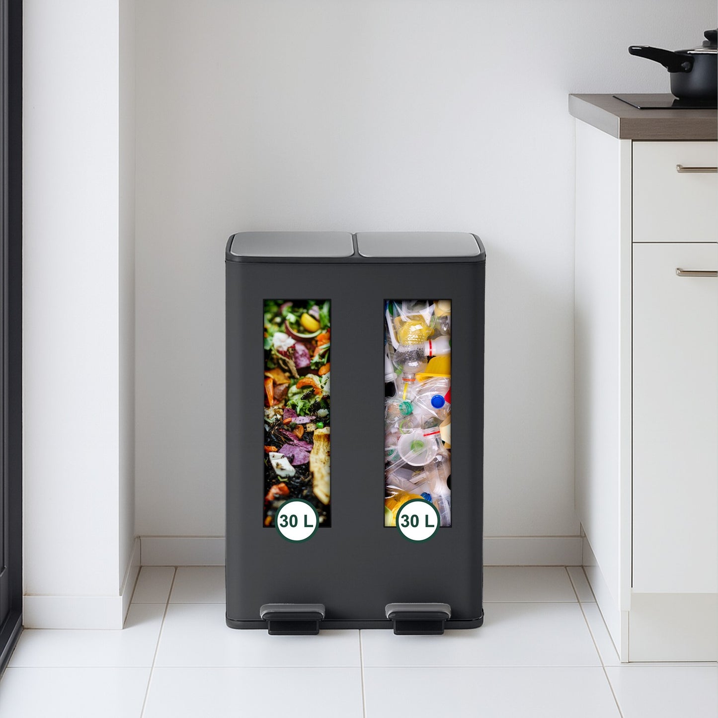 Dual Compartment Pedal Bin, 2x 30L Capacity