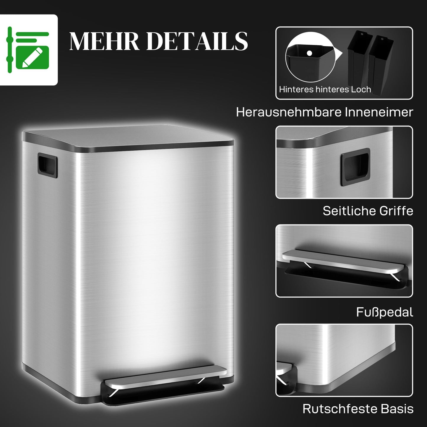 Dual Compartment Trash Can, 40L, Soft-Close, Stainless Steel
