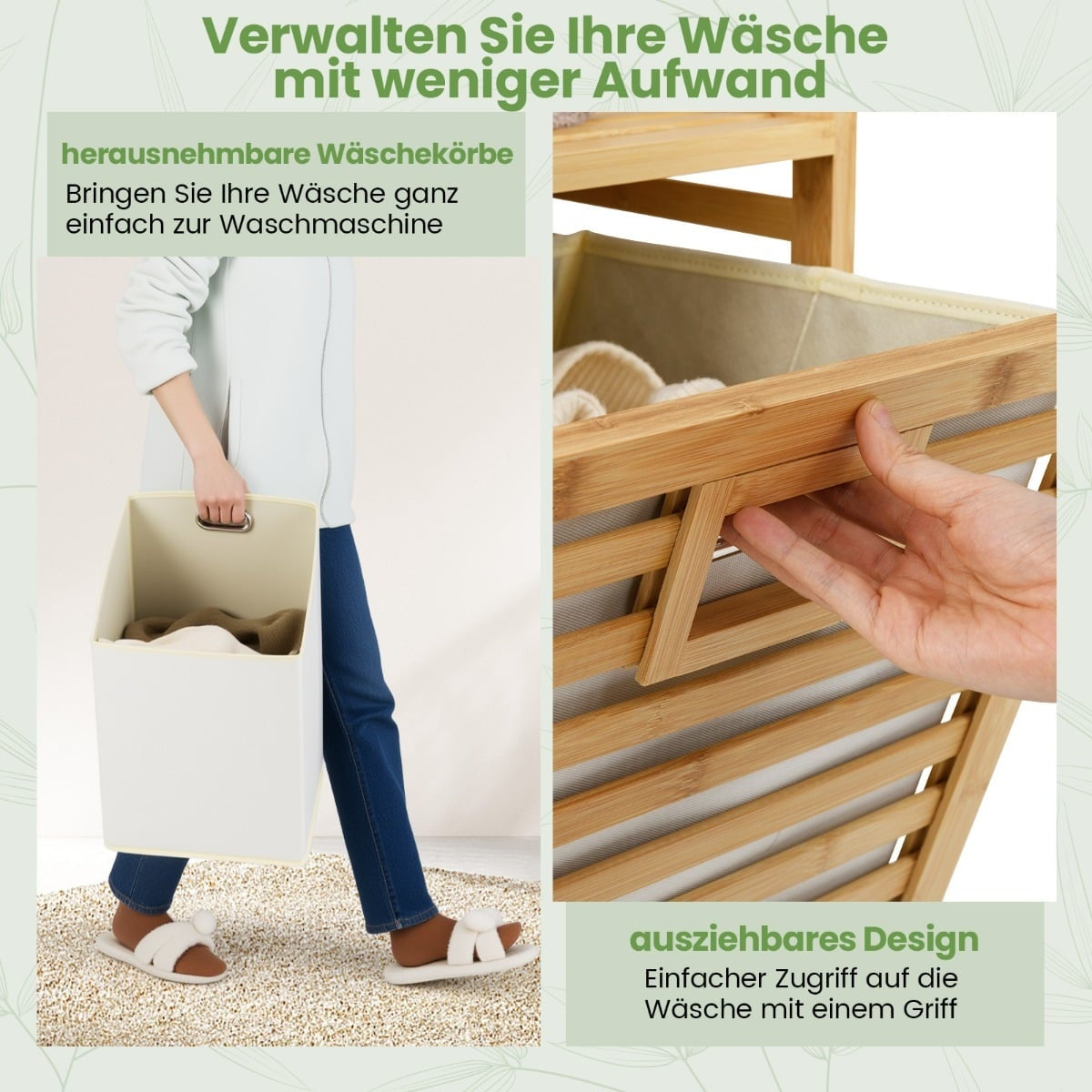 Dual Laundry Hamper, 75L Bamboo with Removable Bins
