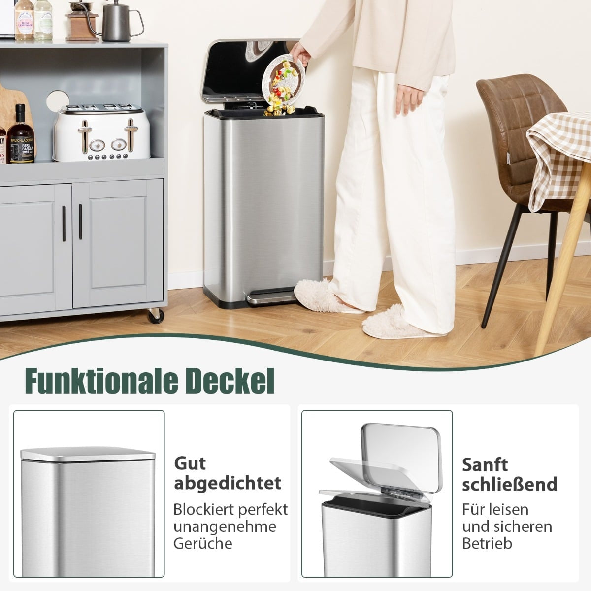 Dual Trash Can Set, 40L & 6L, Stainless Steel, Soft-Close