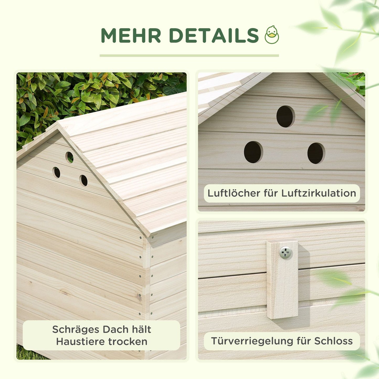 Duck house with sloping roof, raised floor & ramp, spruce wood