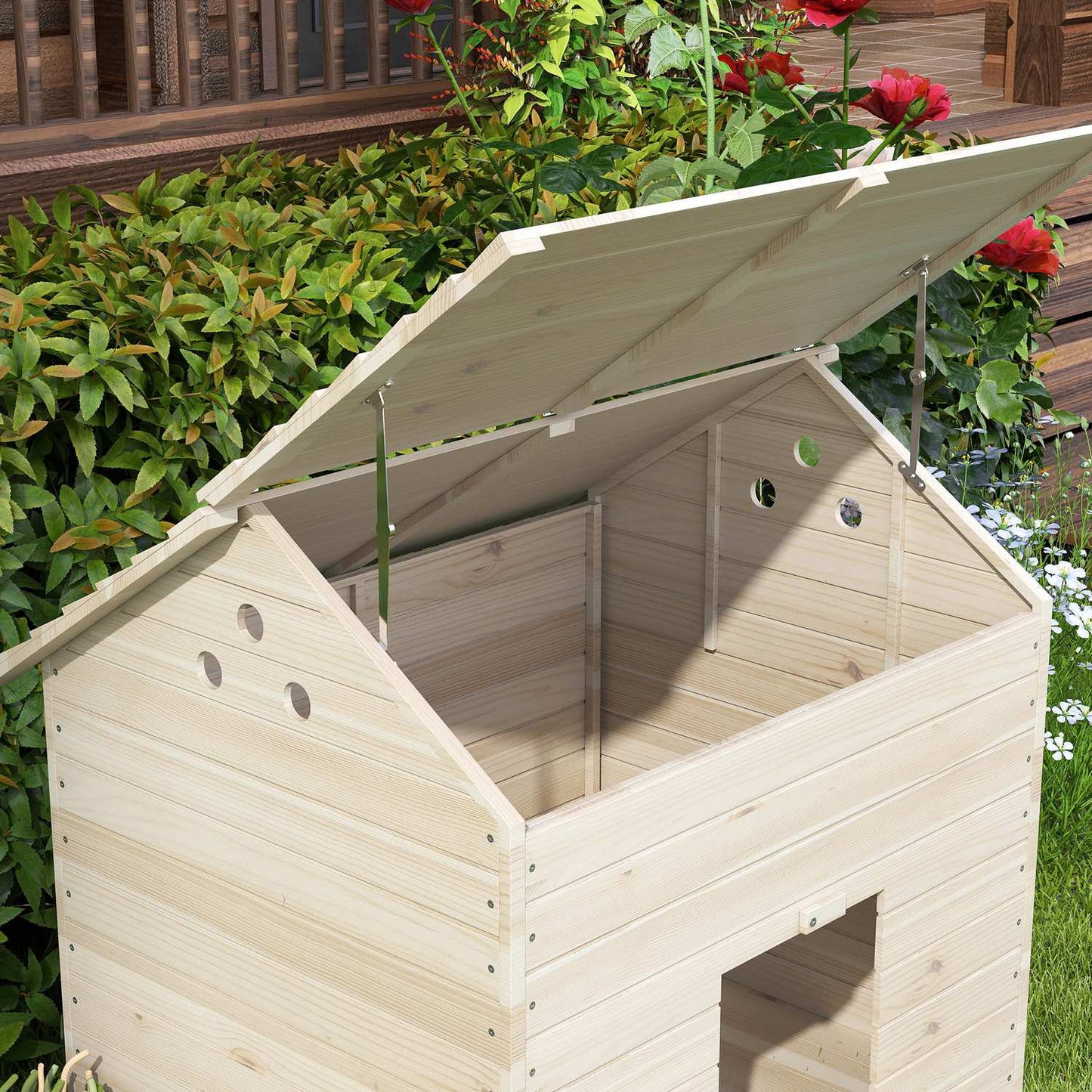 Duck house with sloping roof, raised floor & ramp, spruce wood