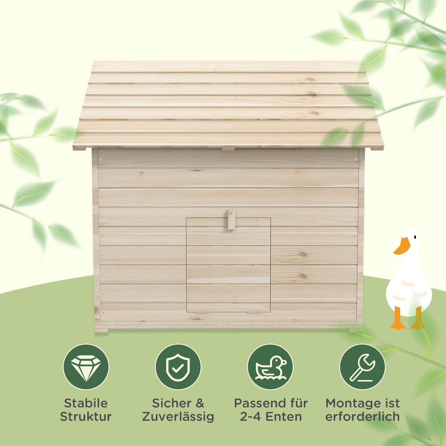 Duck house with sloping roof, raised floor & ramp, spruce wood