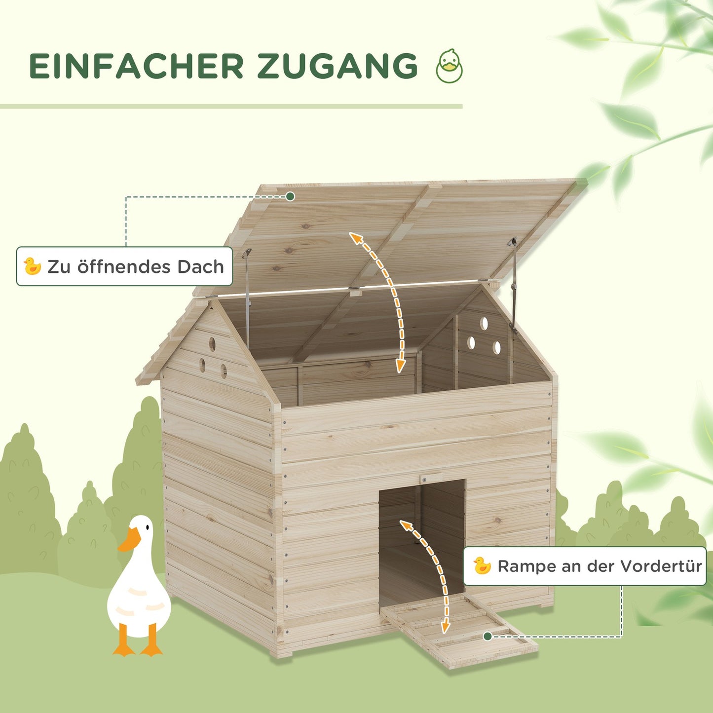 Duck house with sloping roof, raised floor & ramp, spruce wood