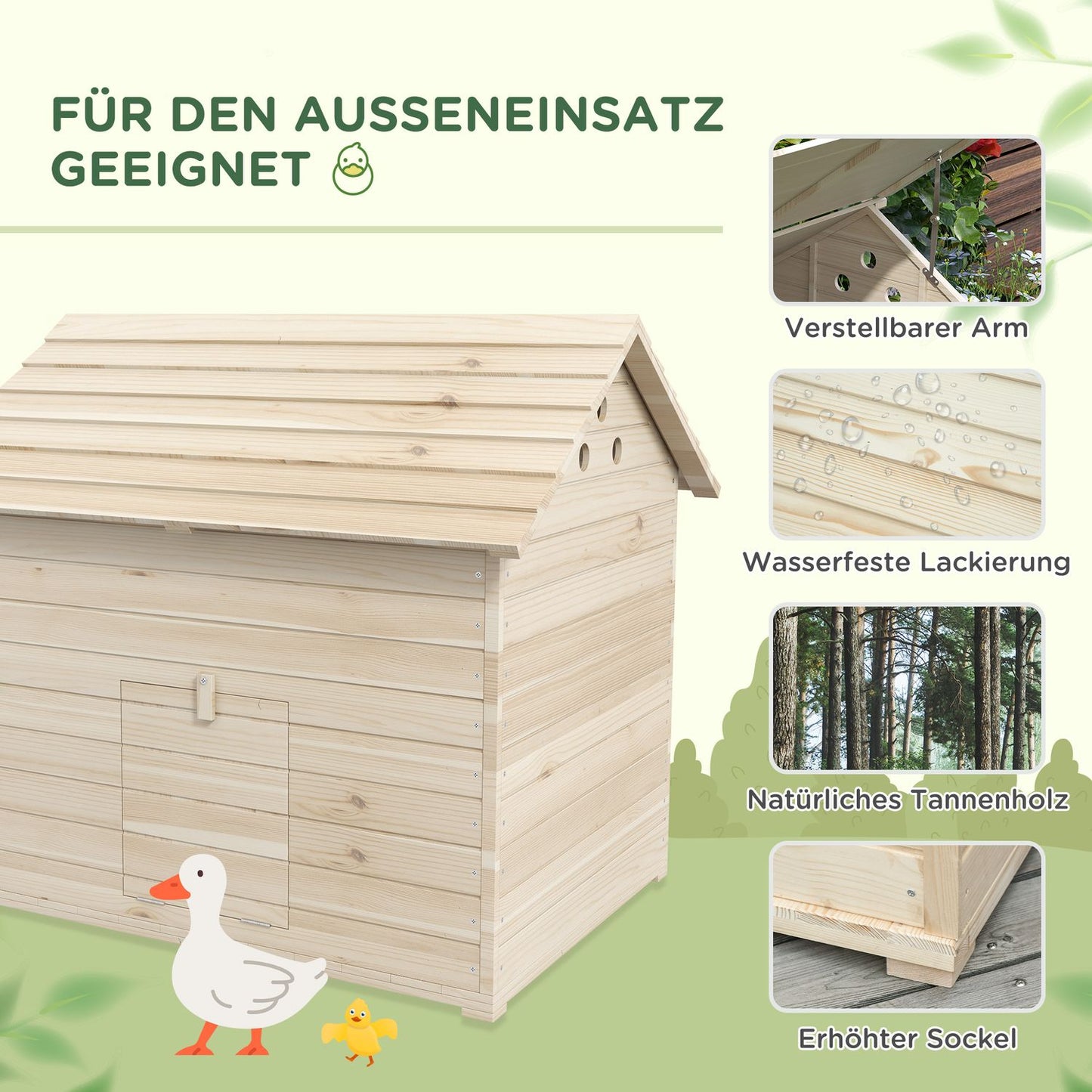Duck house with sloping roof, raised floor & ramp, spruce wood