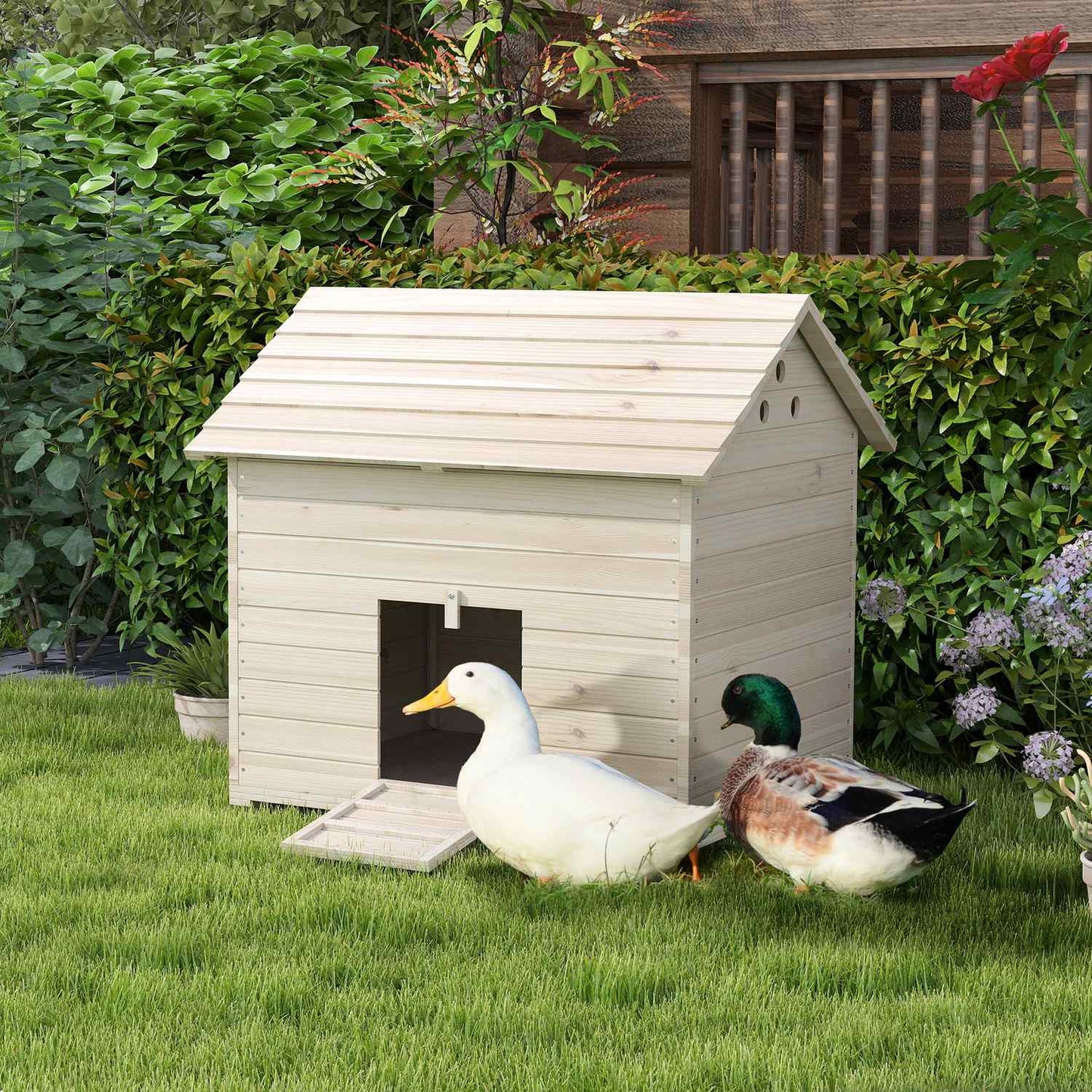 Duck house with sloping roof, raised floor & ramp, spruce wood