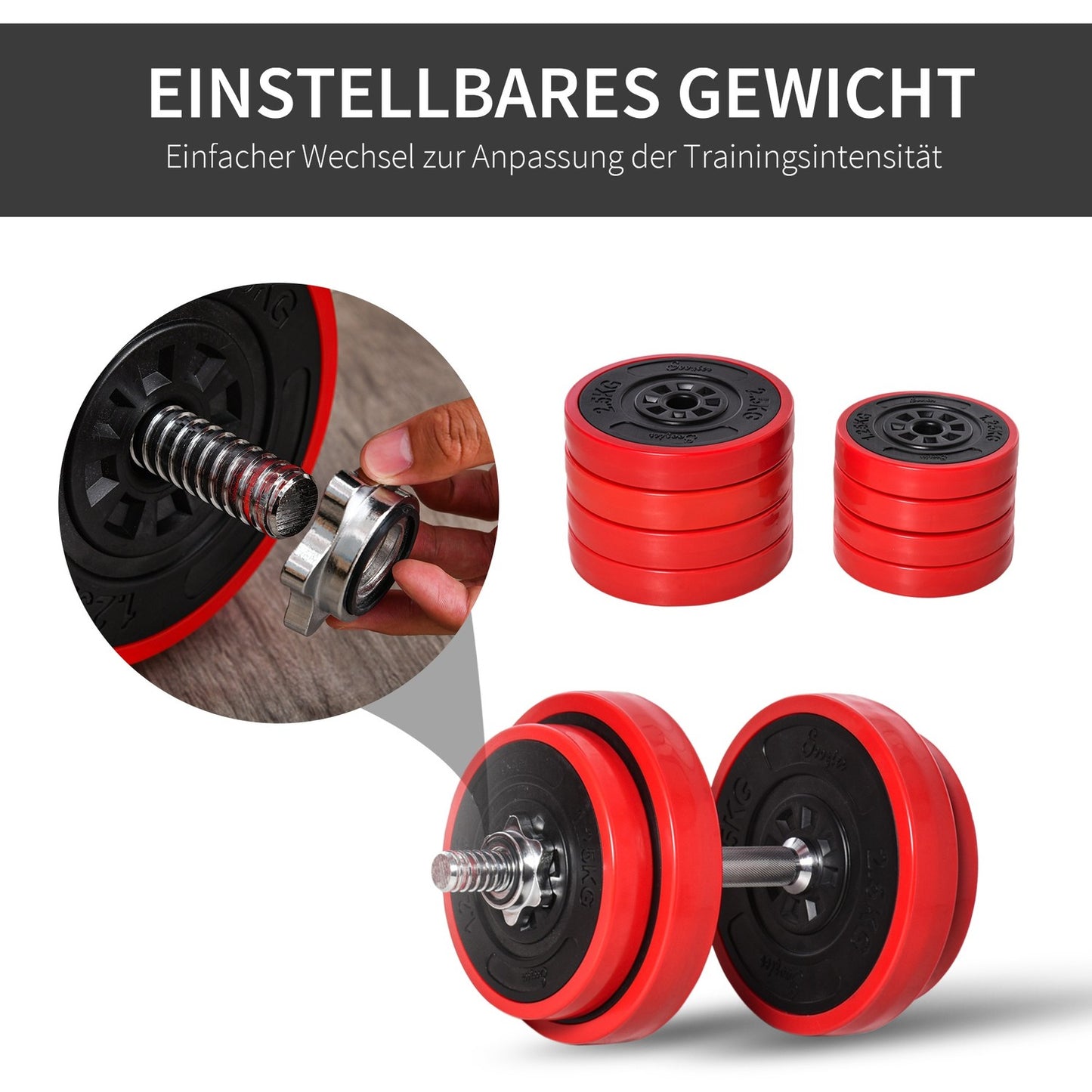 Adjustable dumbbells & barbell set, 20 kg, red/black, home training