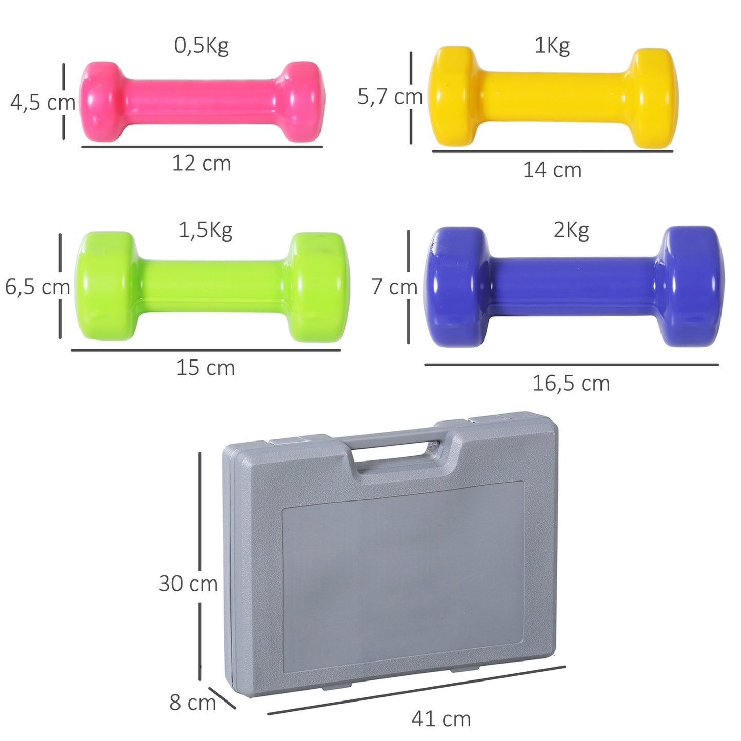 Portable dumbbell set with case, 4 pairs, 1-2 kg