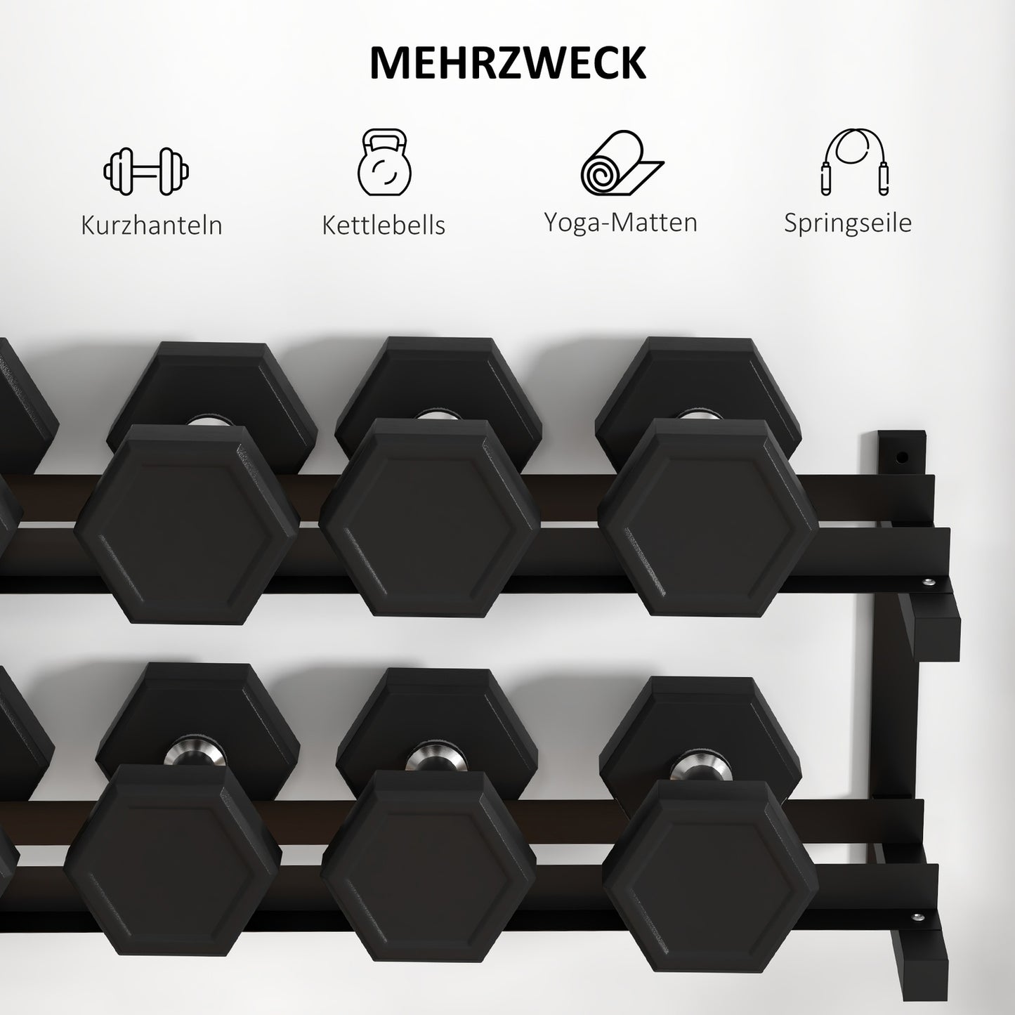 Wall-mounted dumbbell rack, 2 shelves, 70 kg capacity