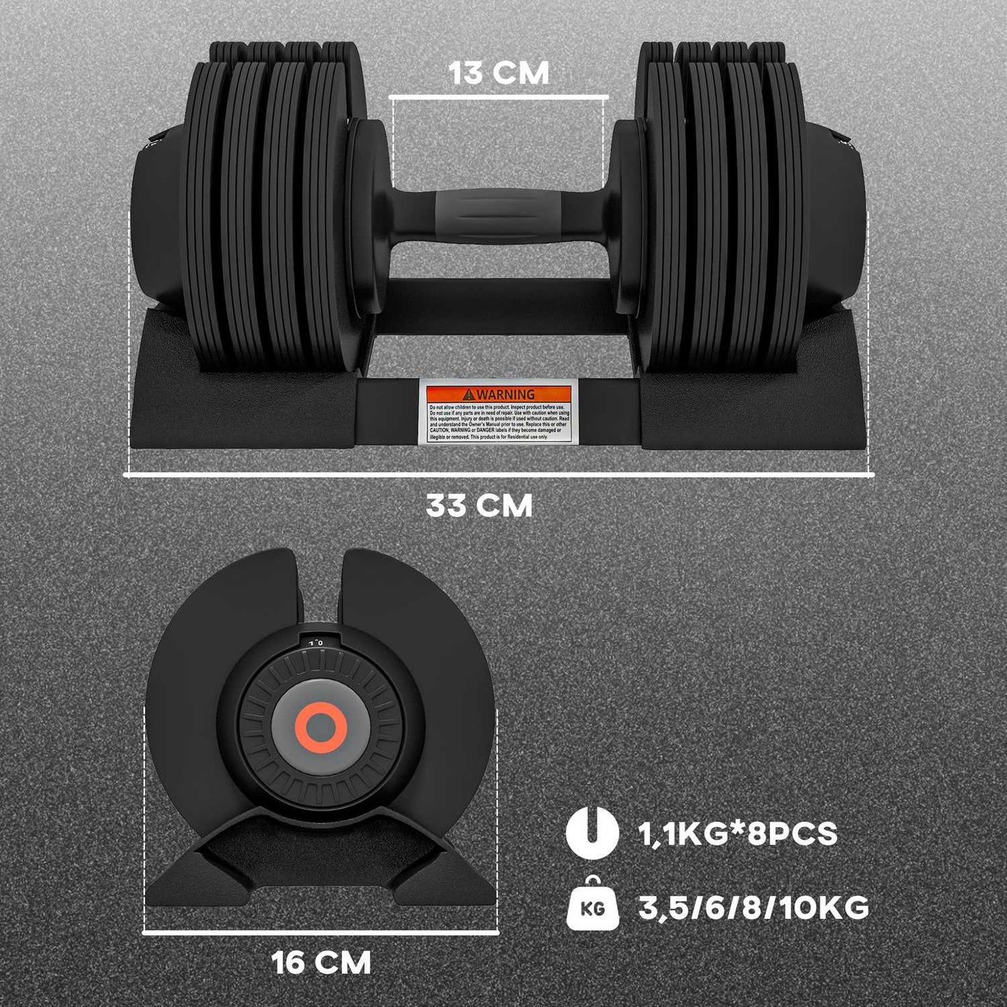 Adjustable dumbbells with non-slip handles, range 3.5-10 kg